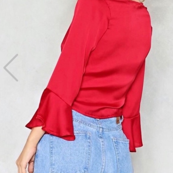 Red Satin Front Tie Top w/ Ruffle Sleeves - Picture 2 of 3